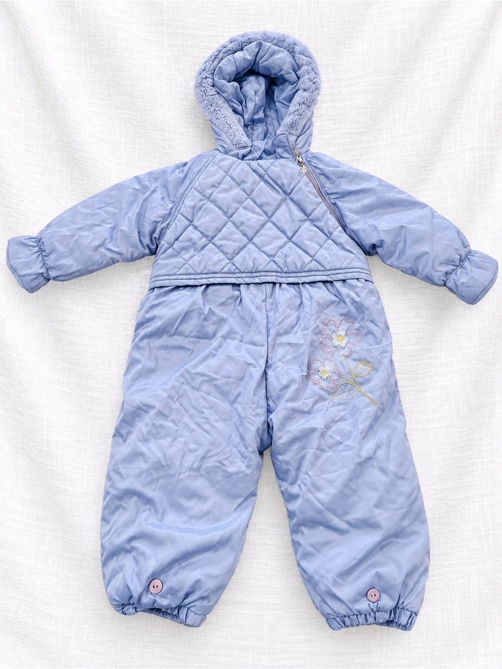 OshKosh B’Gosh 24M Blue Floral Embroidered One Piece Snowsuit Faux Fur Hood